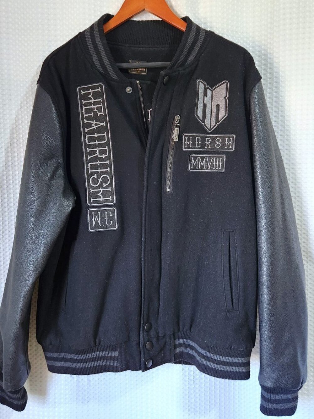 Headrush MMVIII Varsity Bomber Jacket Black Wool Blend Faux Leather Sleeves L